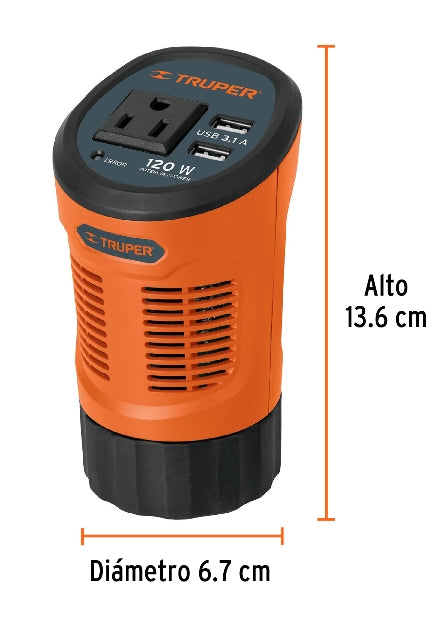 INVERSOR DE CORRIENTE 120 W TIPO VASO, 2 PUERTOS USB, TRUPER