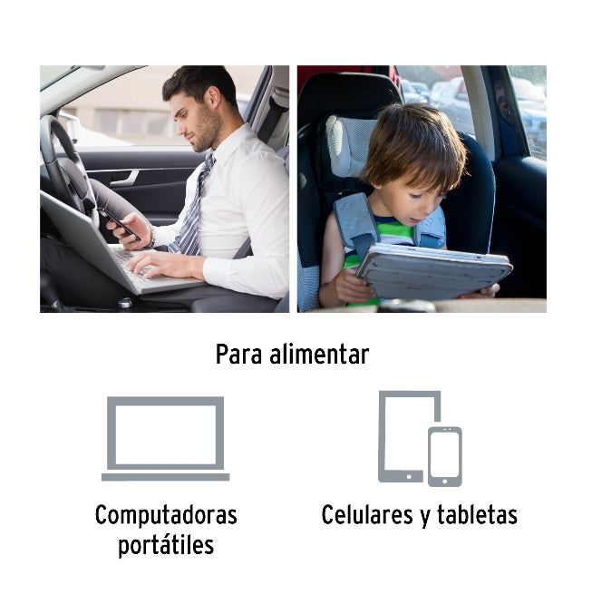 INVERSOR DE CORRIENTE 120 W TIPO VASO, 2 PUERTOS USB, TRUPER