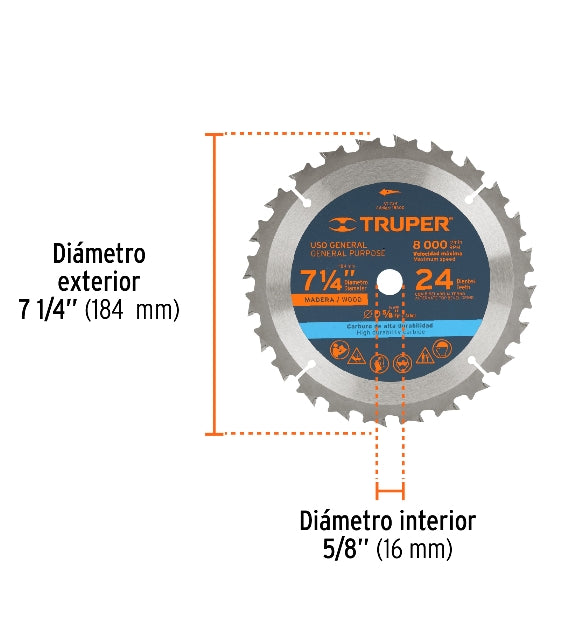 DISCO SIERRA 7- 1/4' PARA MADERA, 24 DIENTES CENTRO 5/8'