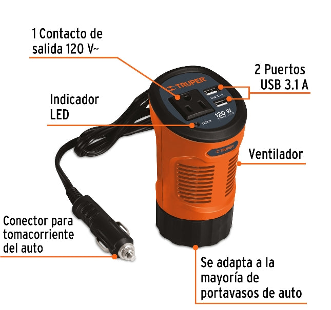 INVERSOR DE CORRIENTE 120 W TIPO VASO, 2 PUERTOS USB, TRUPER