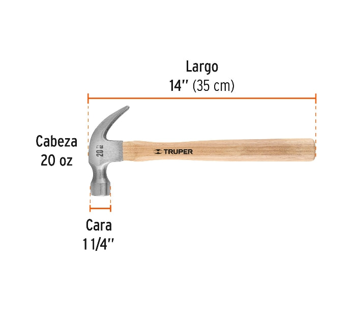 MARTILLO PULIDO 20 OZ UÑA CURVA, MANGO MADERA, TRUPER