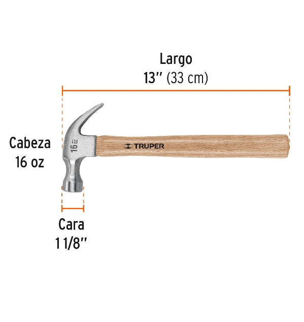 MARTILLO PULIDO 16 OZ UÑA CURVA, MANGO MADERA, TRUPER