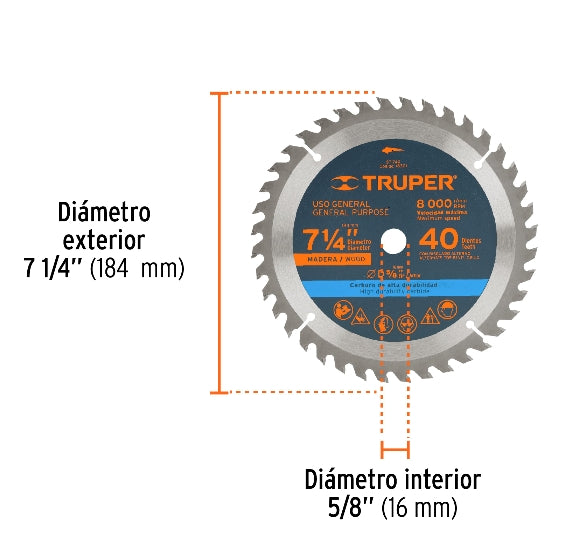 DISCO SIERRA 7- 1/4' PARA MADERA, 40 DIENTES CENTRO 5/8'