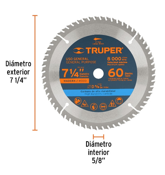 DISCO SIERRA 7- 1/4' PARA MADERA, 60 DIENTES CENTRO 5/8'