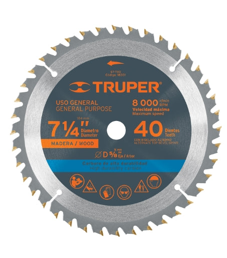 DISCO SIERRA 7- 1/4' PARA MADERA, 40 DIENTES CENTRO 5/8'
