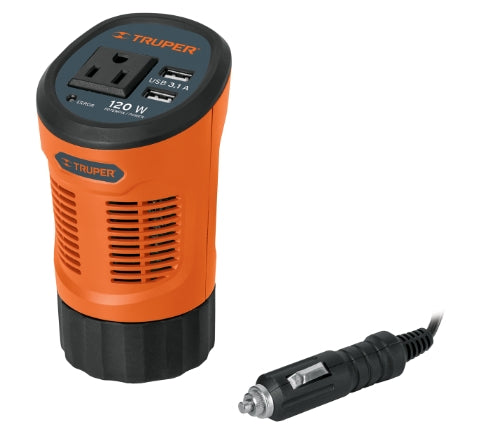 INVERSOR DE CORRIENTE 120 W TIPO VASO, 2 PUERTOS USB, TRUPER